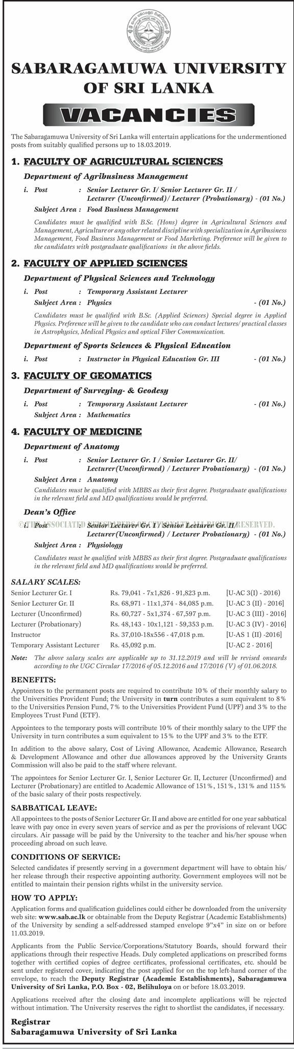 Senior Lecturer, Lecturer, Temporary Assistant Lecturer, Instructor in Physical Education - Sabaragamuwa University of Sri Lanaka